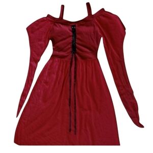 Renaissance Faire Gothic Vampire Red Dress Off-Shoulder Lace-up Dramatic Sleeves